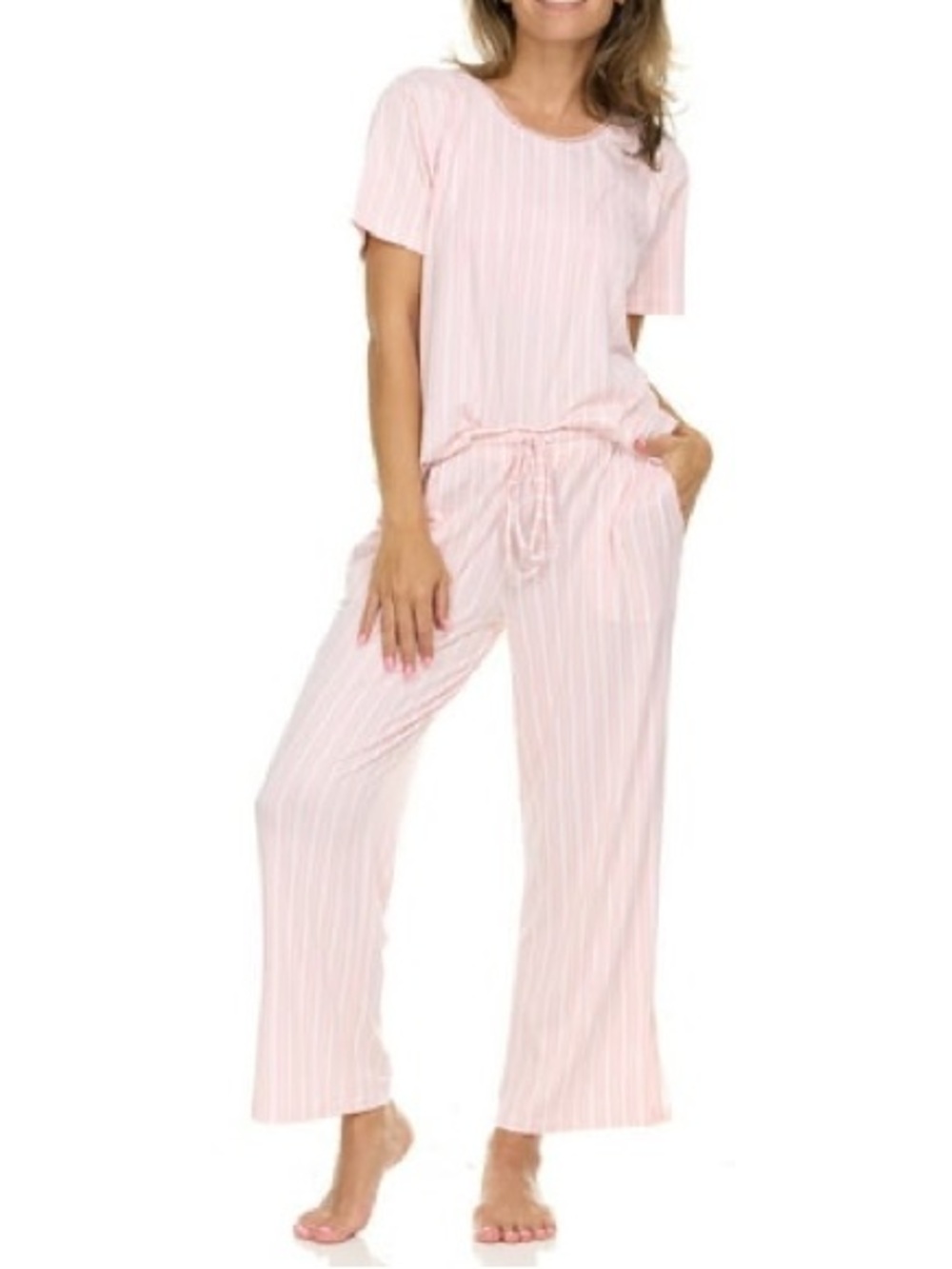 Flora Nikrooz Light Pink White Stripe Short Sleeve Capri Pajama Set Matching PJs